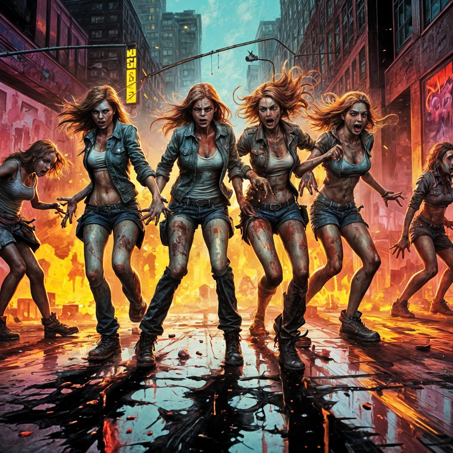 Vibrant Zombie Apocalypse Art in a Graffiti Style