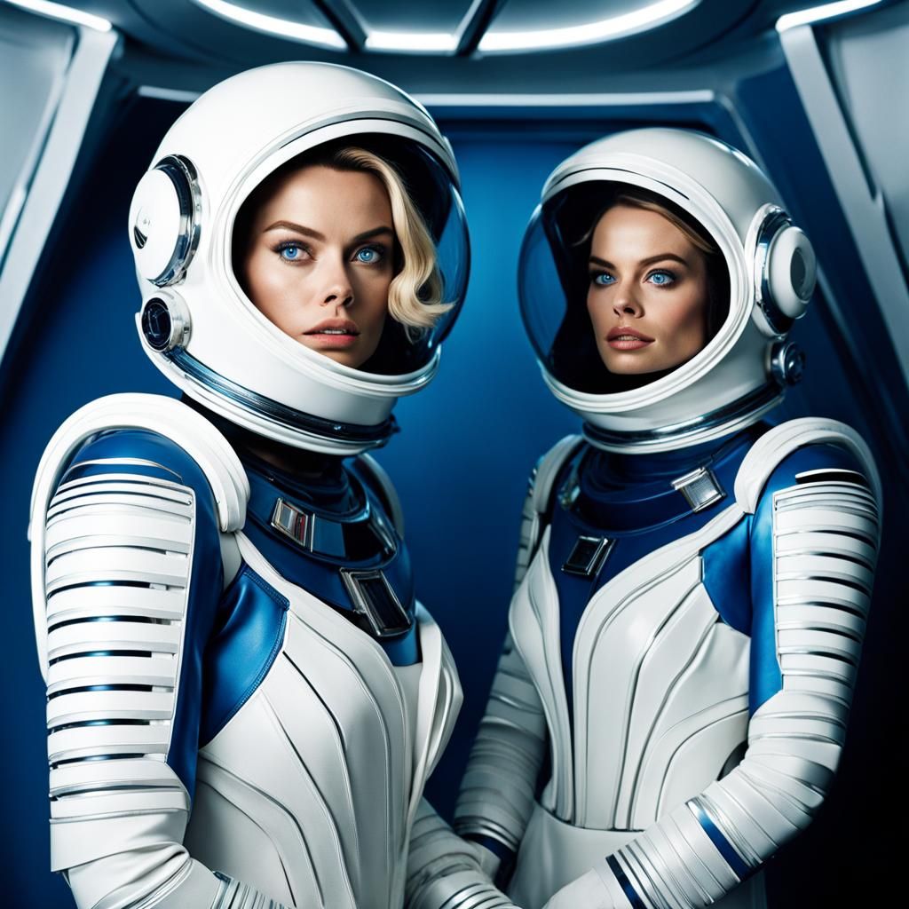 Margot Robbie in a sci if fantasy wearing a spacesuit.