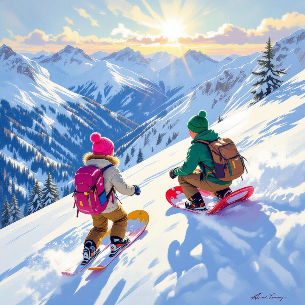 Brothers Sledding Down Snowy Mountain in Vivid Digital Paint...