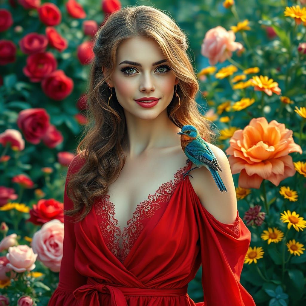 Elegant Lady in Crimson Silk with Iridescent Wren