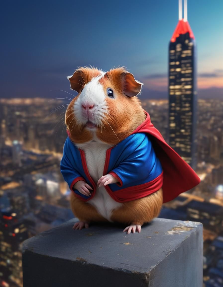 Superhero Guinea Pig Overlooking City at Dusk