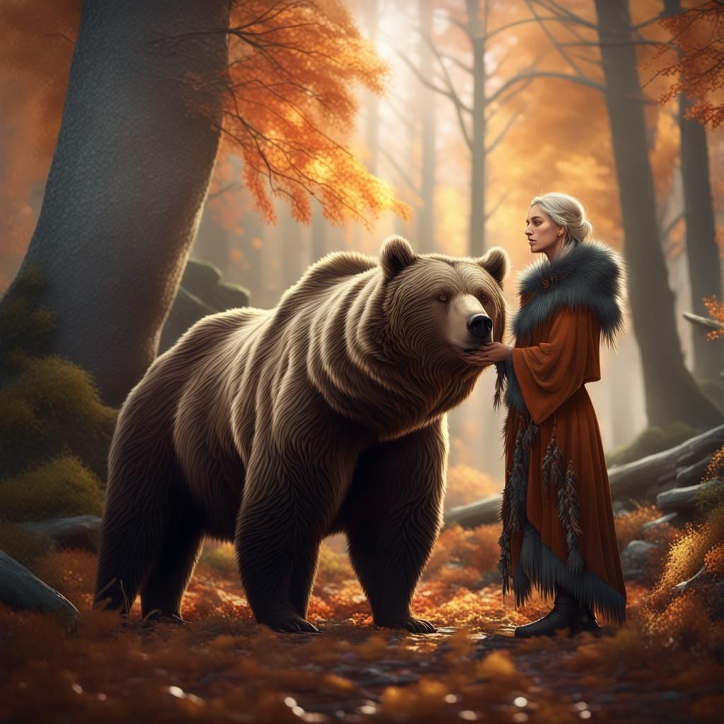 Druid and Grizzly Bear in Autumn Fantasy Art