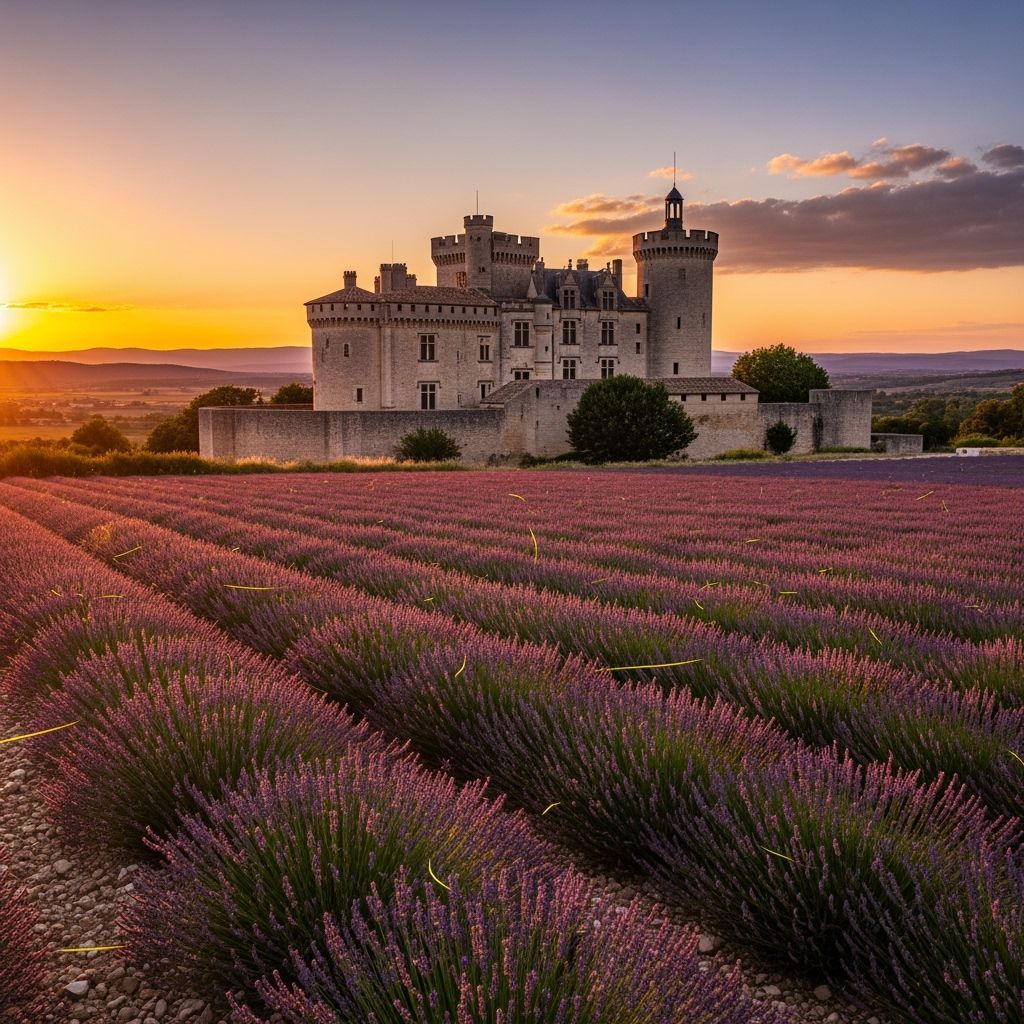 Chateau de Grignan at Sunset Over Lavender Fields