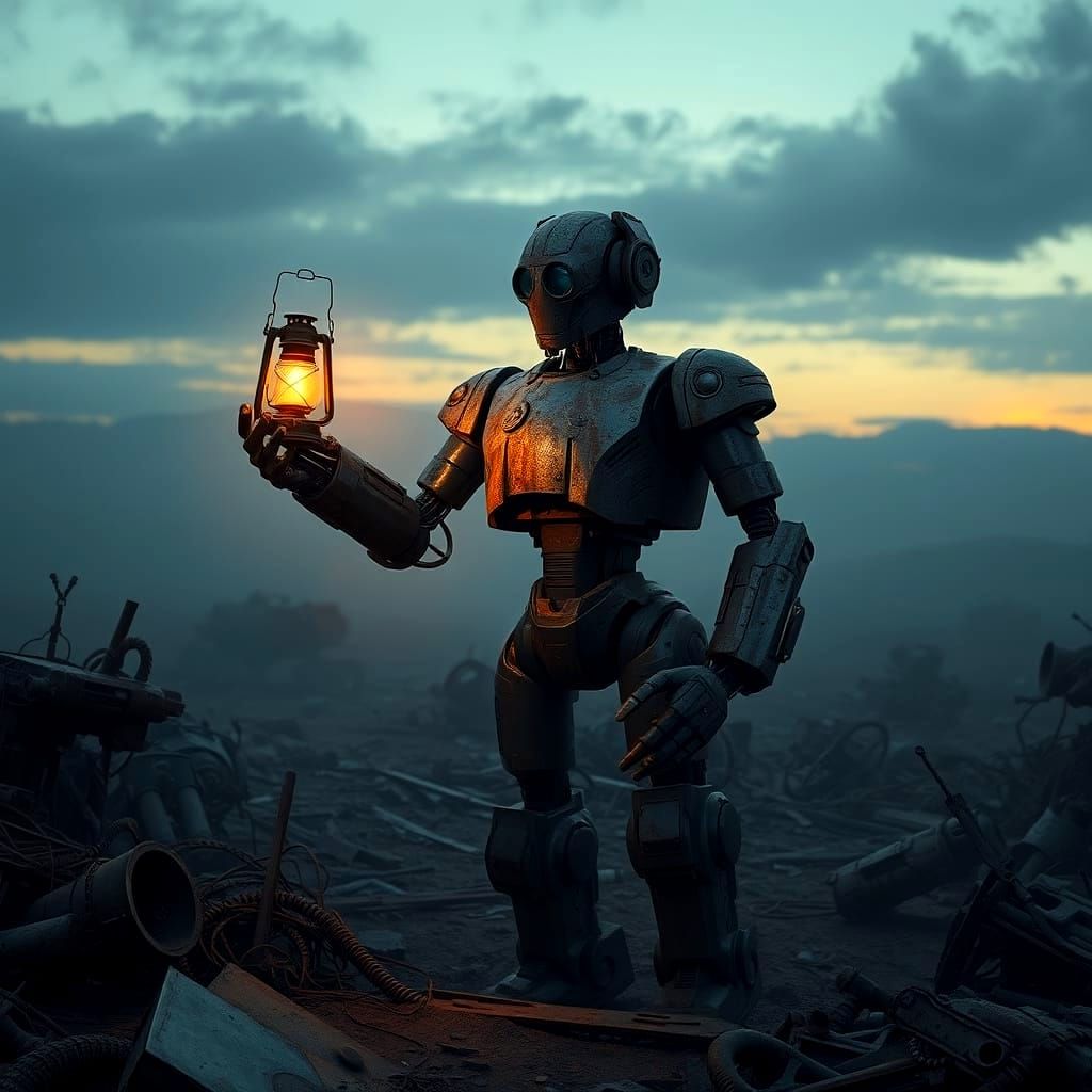 Derelict Robot in Junkyard Wasteland at Twilight