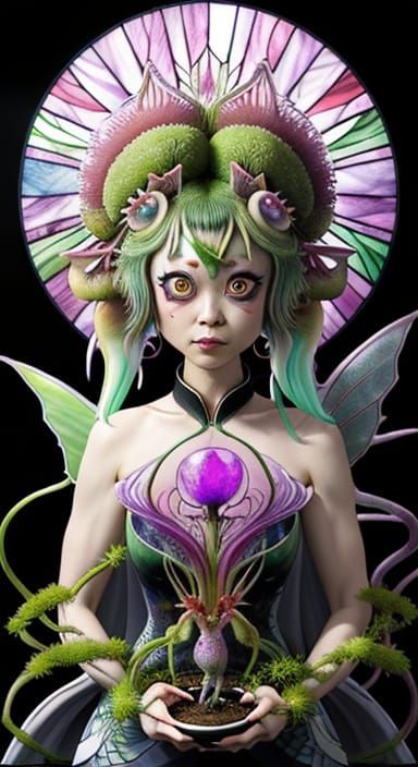 Surreal Anime Portrait of a Spidercat Fairy Tending a Biolum...