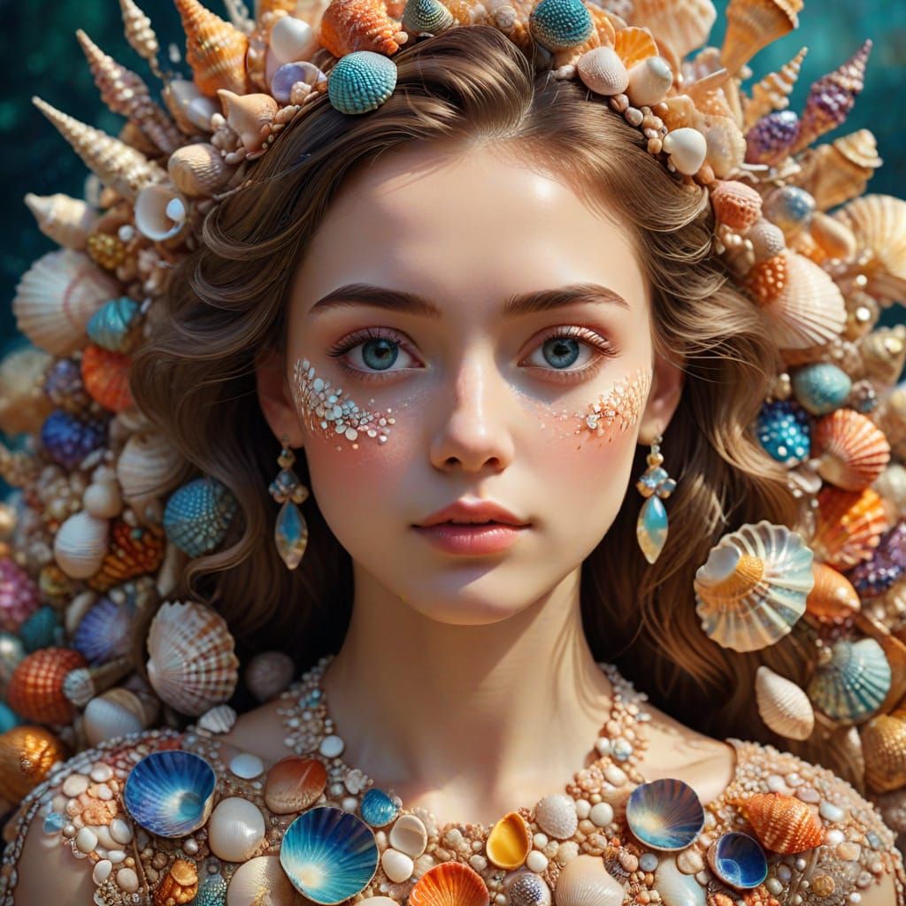 Whimsical Shell Portrait in Pointillist Style