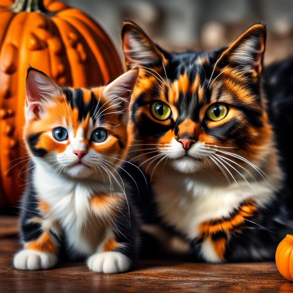 Calico Cat and Kitten with Pumpkin, Hyperrealistic