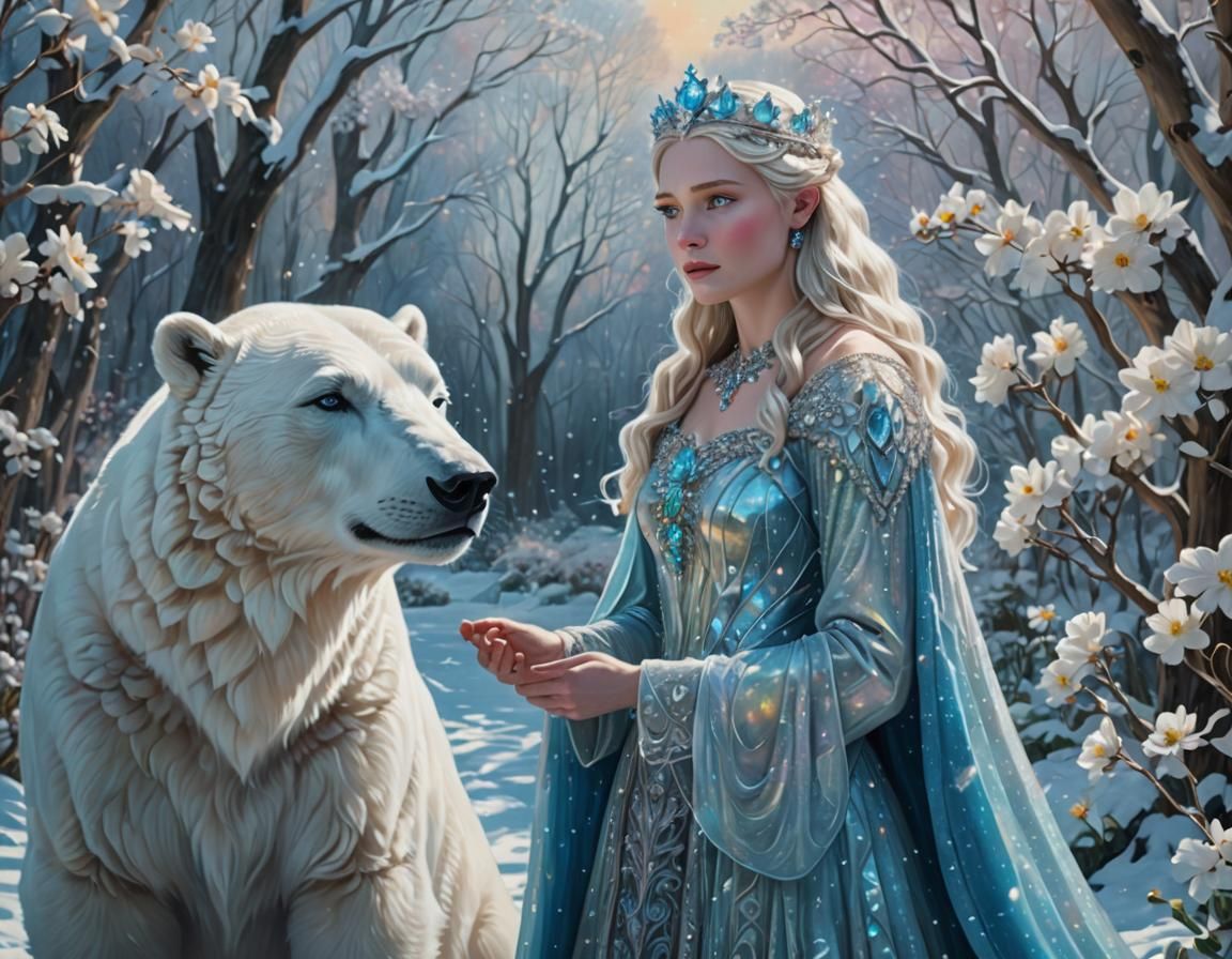 Snow Queen Embraces Polar Bear in Winter Palace