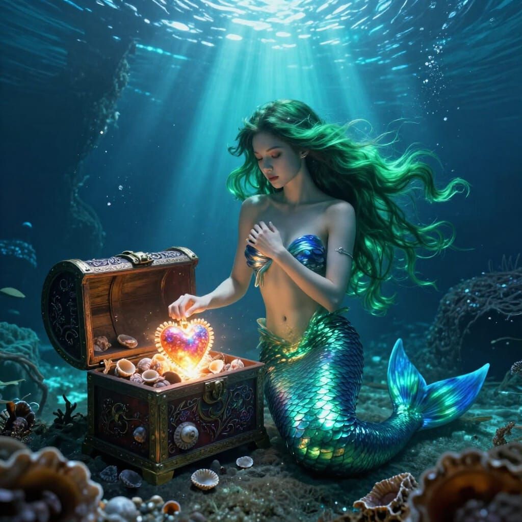 Mermaid Guards Glowing Heart in Ocean Cave