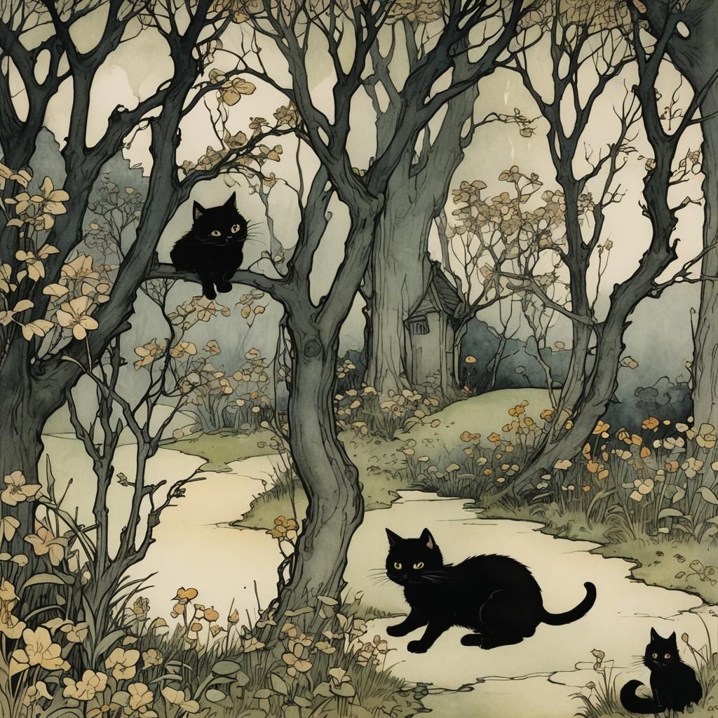 Black Cat in Whimsical Storybook Illustration