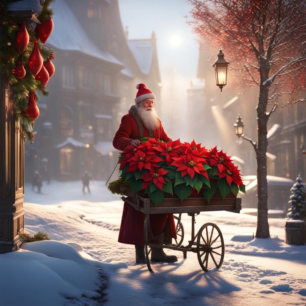 Poinsettia Seller on Snowy Winter Street