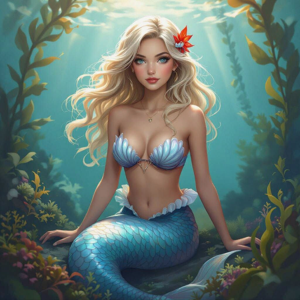 Mermaid with Beta Fish Tail in Kelp Forest