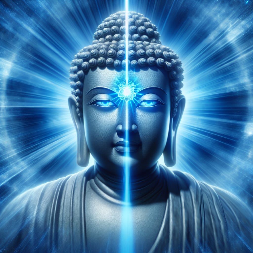 Living Buddha with Third Eye Radiating Blue Light