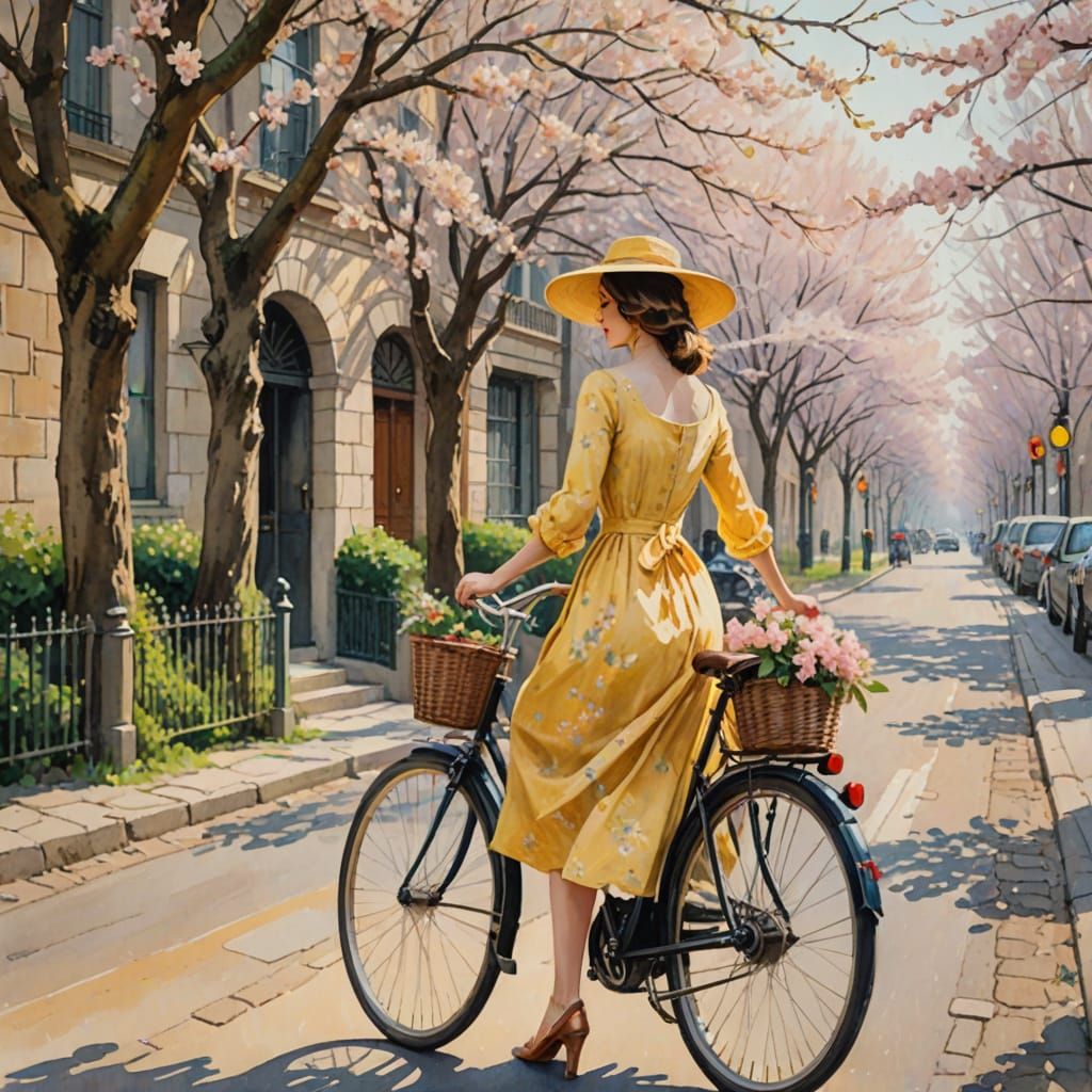 Young Woman Riding Vintage Bicycle Amidst Cherry Blossoms in...