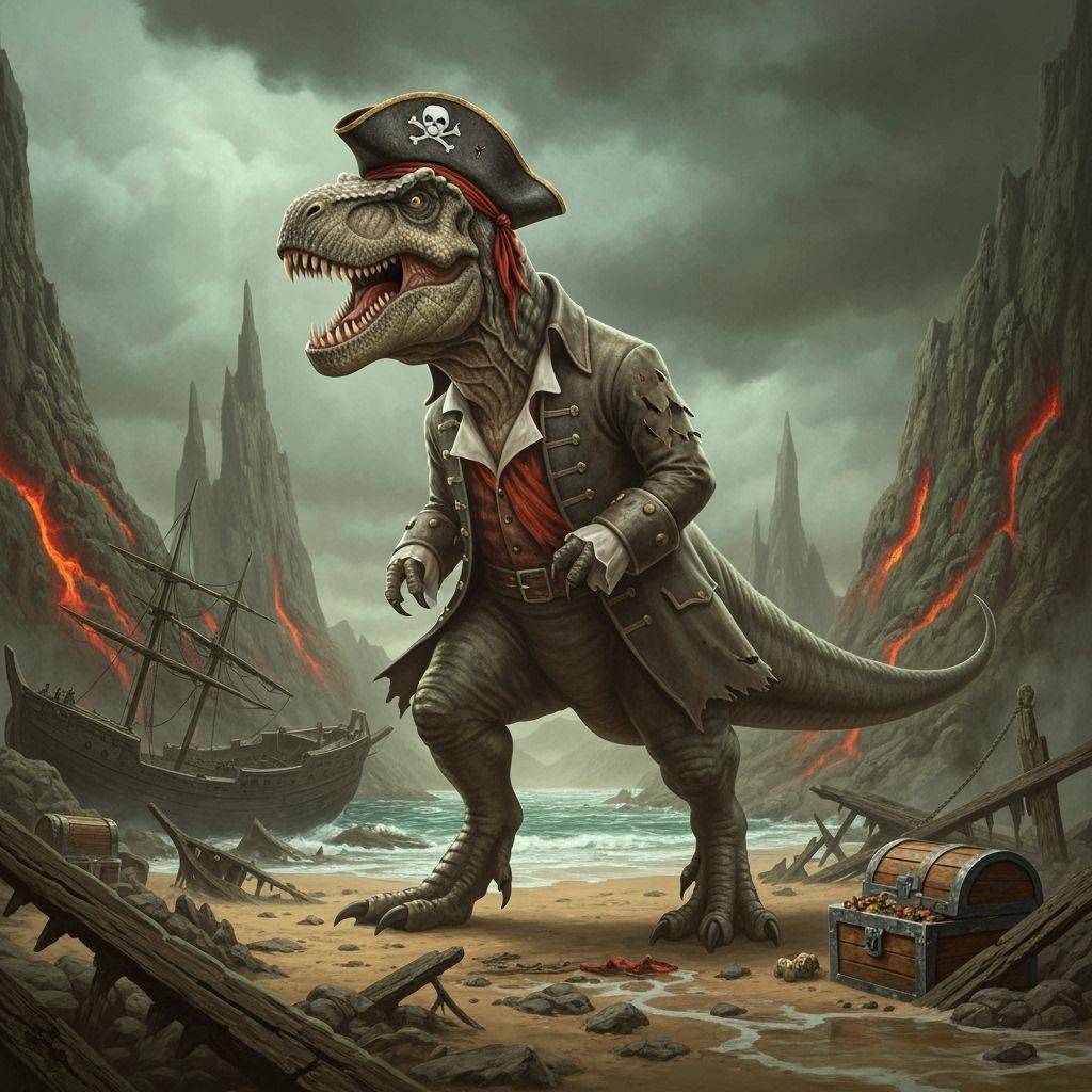 Pirate T-Rex on Shipwreck Beach in Fantasy Art Style