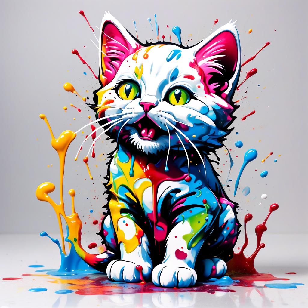 White Kitten in Graffiti Splash Art Style