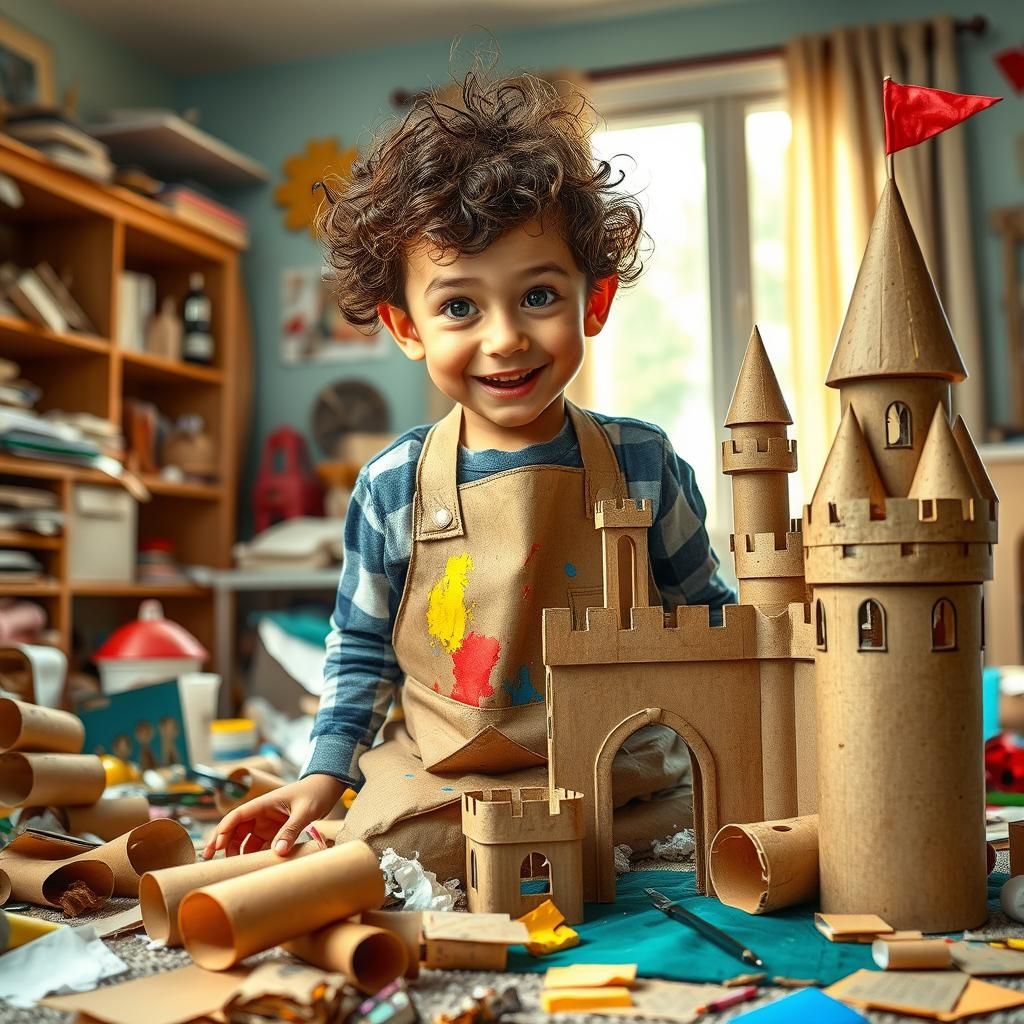 A creative boy constructs a magnificent castle out of divers...