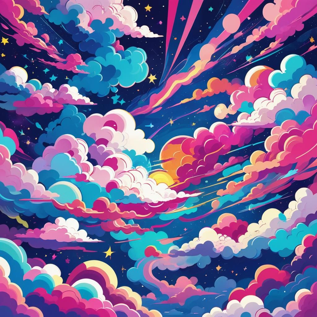 Psychedelic Anime Dreamscape with Clouds and Stars