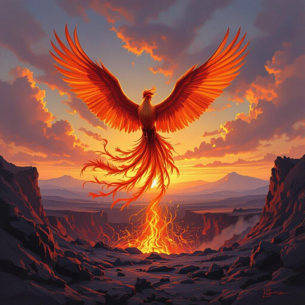 Phoenix Rising: Volcanic Dawn in Oil Painting Style