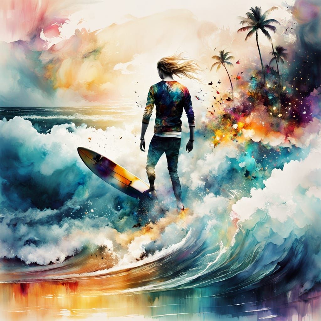 Dreamy double exposure. Wide long shot. Surfer jump on epic waves on ocean . Soft, warm, golden light, sunset background...