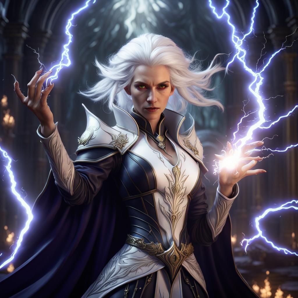 Female Warlock Casting Lightning Spell in Detailed Matte Pai...
