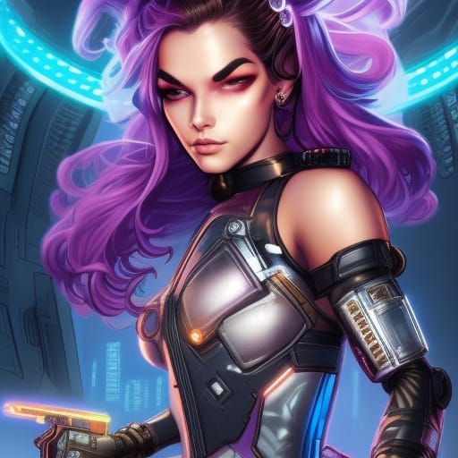 Chibi Cyberpunk Woman Portrait in Detailed Matte Painting