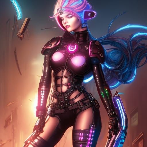 Chibi Cyberpunk Woman Portrait in Detailed Matte Painting