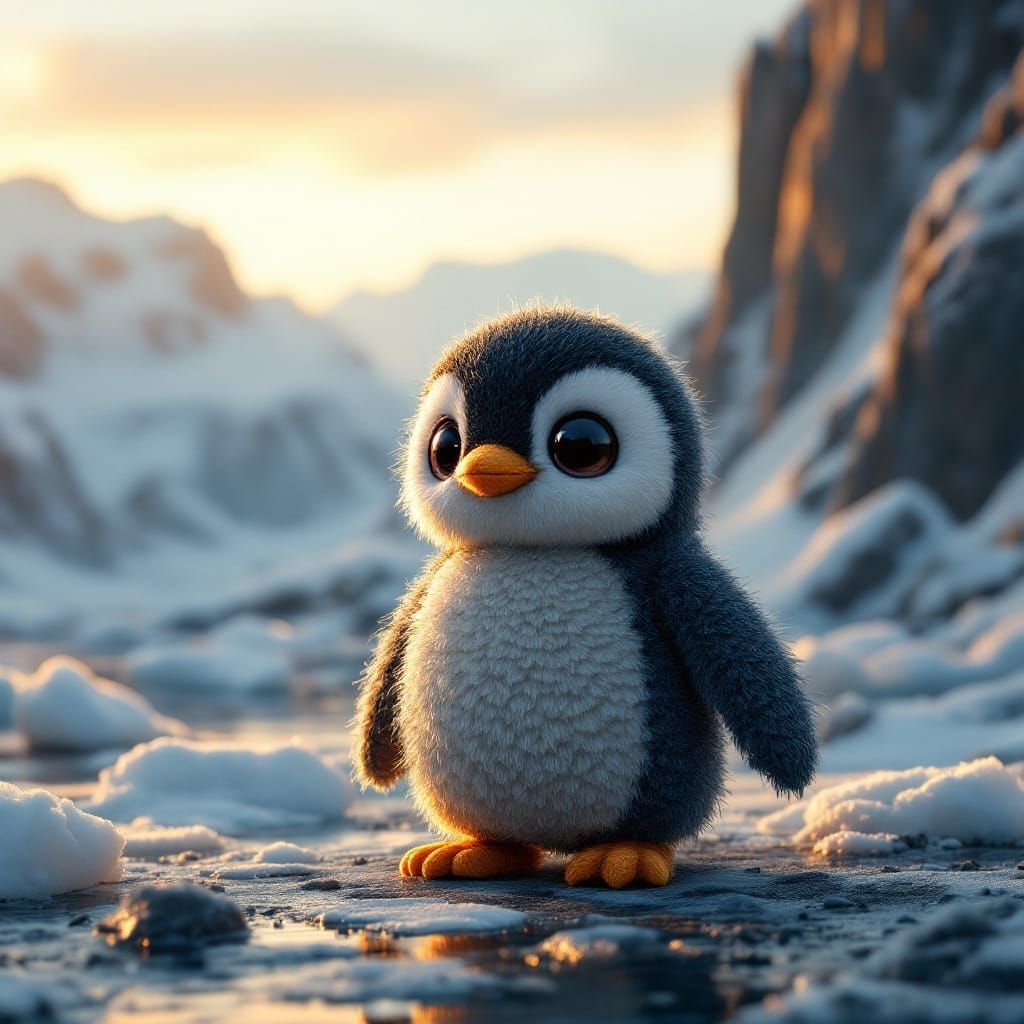 Hyper-Detailed Cartoon Penguin Basks in Arctic Sunset