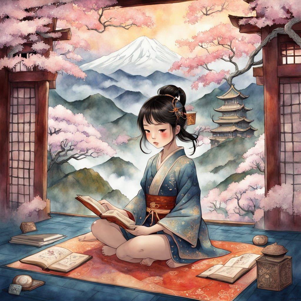 Whimsical Girl Surrounded by Cherry Blossoms in a Magical St...