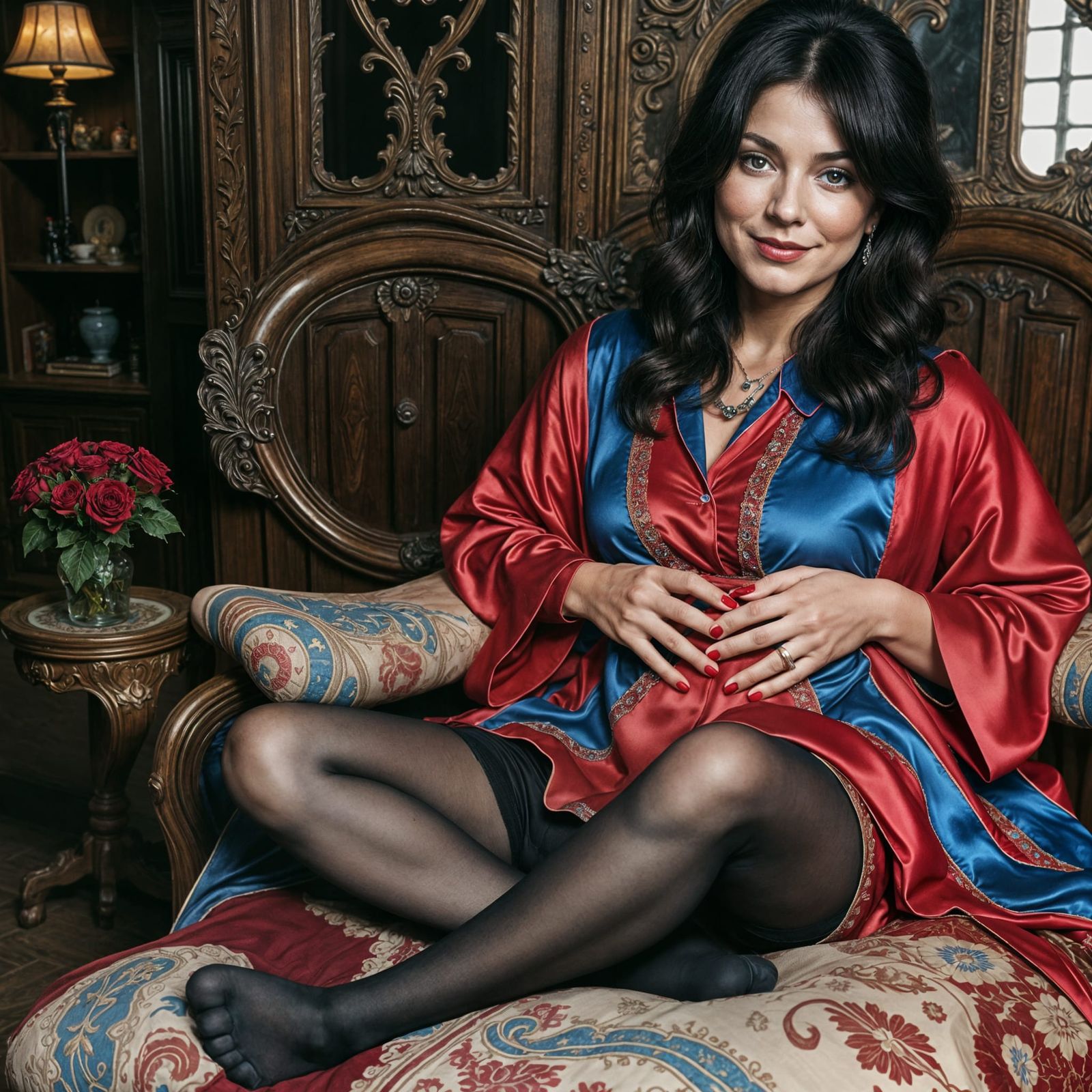 Woman in Red Cape at Party: Photographic Portrait