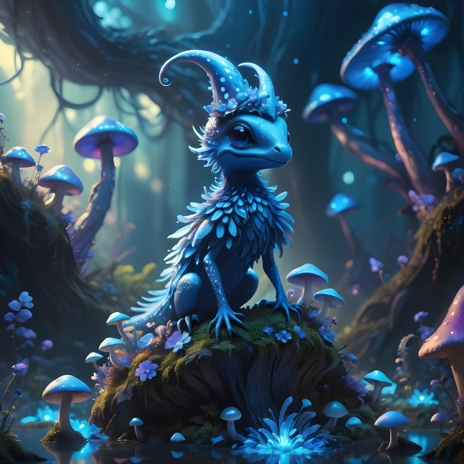 Surreal Blue Landscape with Lightning and Flora