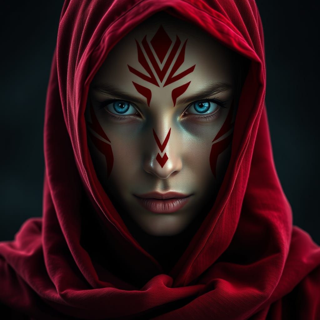 Ethereal Enchantress in Crimson Robes, Gazing into the Abyss