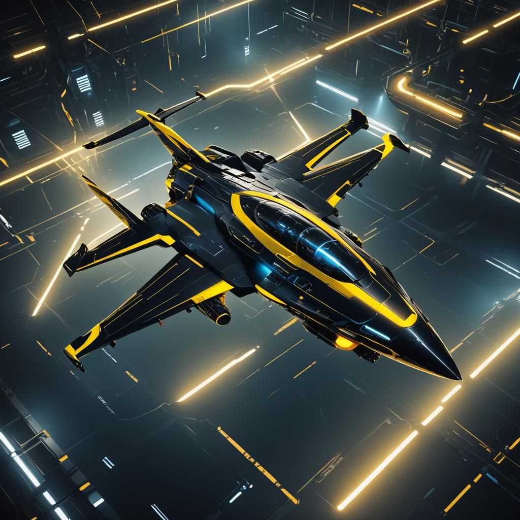 Futuristic Black and Yellow Aircraft in Cyberpunk Void