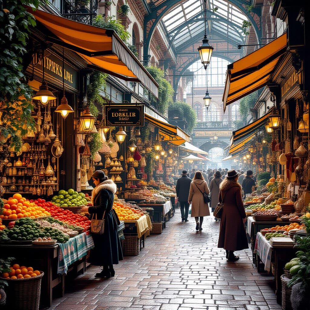 Vibrant Victorian Marketplace in Vintage Style