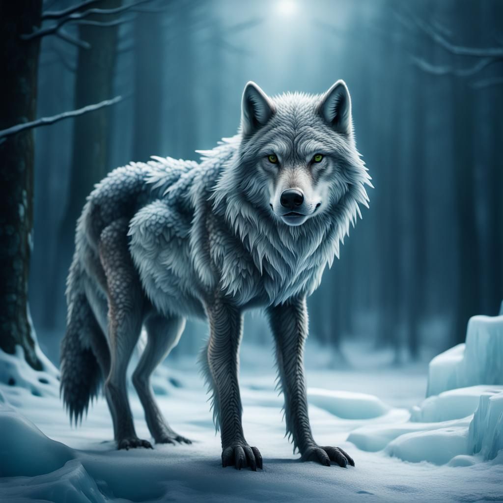Mystical Ice Wolf in Frozen Forest