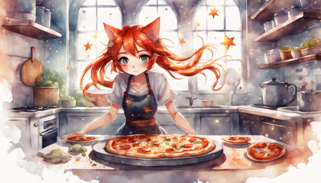 Anime Cat-Girl Conjures Pizza with Celtic Tattoos