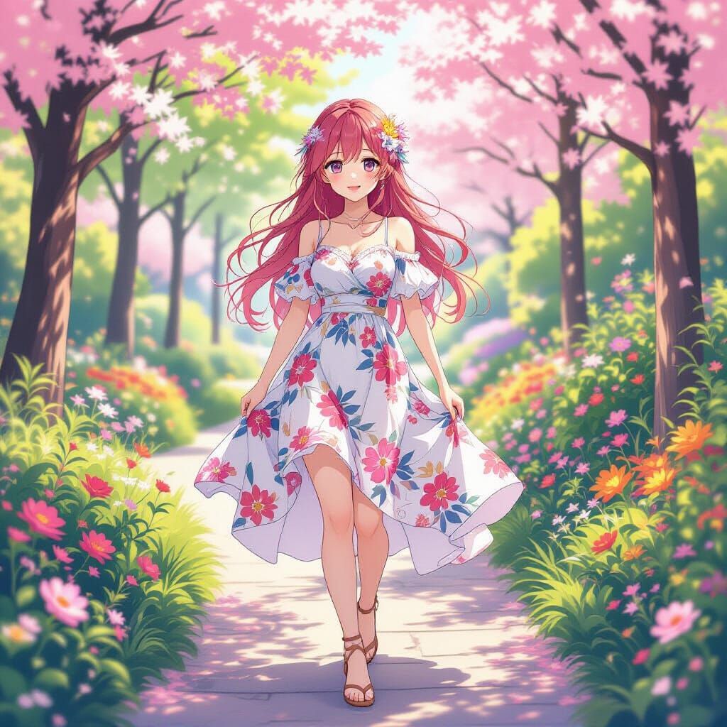 Anime Girl with Ruby Hair in Floral Garden