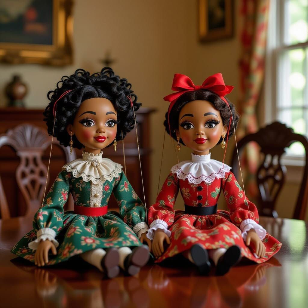 African American Marionettes with Tangled Strings, Whimsical...