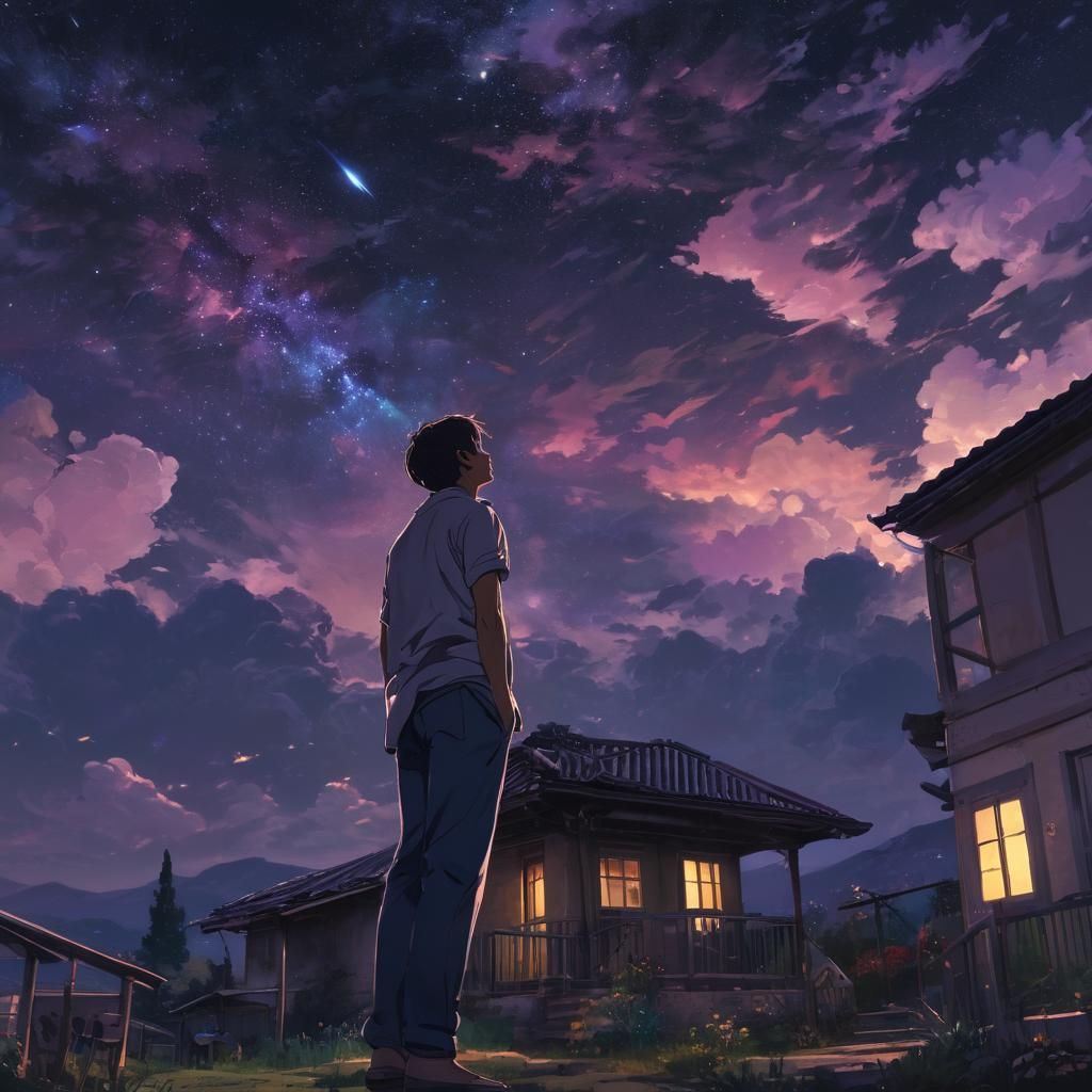 Serene Anime Night: Man Contemplates Starry Sky