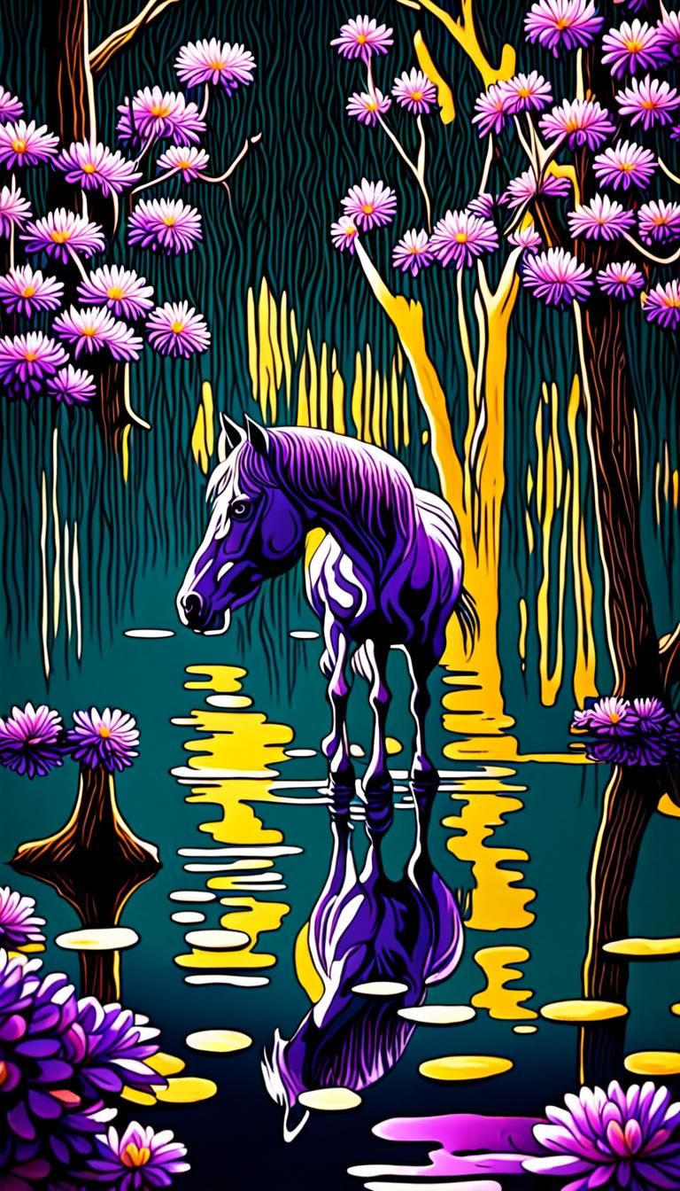 A purple horse in a surreal backdrop, 🟣purple chrysanthemum in a Purple-white deep paint a tranquil ...