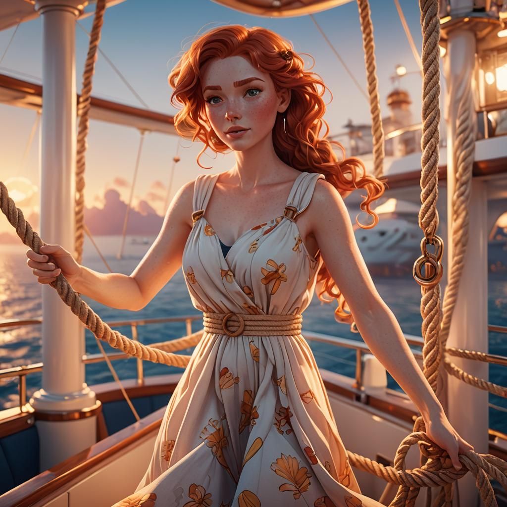 Redhead Girl on Cruise Boat: Dreamy 3D Digital Art