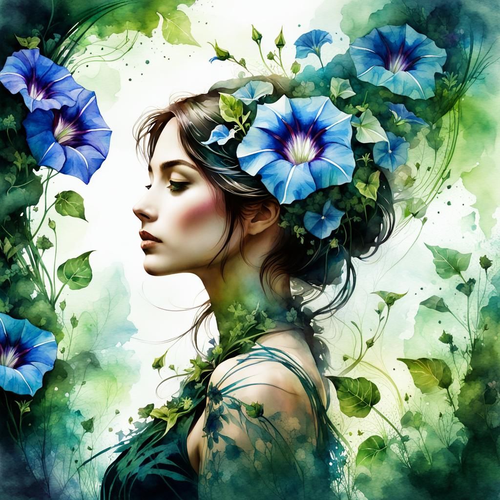 Fantasy Double Exposure Watercolor of Morning Glories