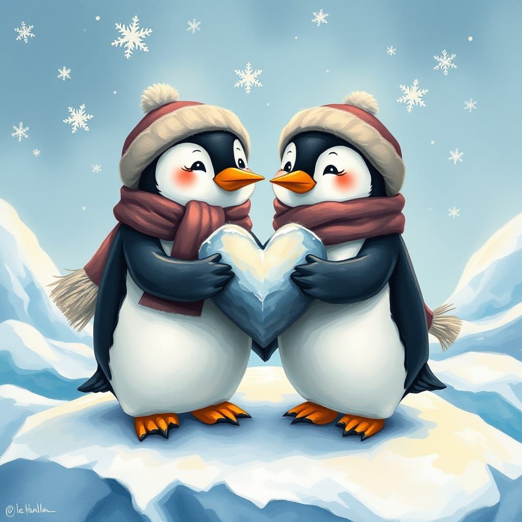 Charming Chibi Penguin Couple in Whimsical Arctic Landscape
