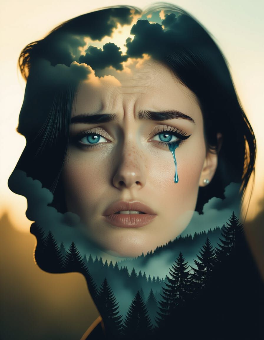 Surreal Man Silhouette With Woman's Sad Face Inside