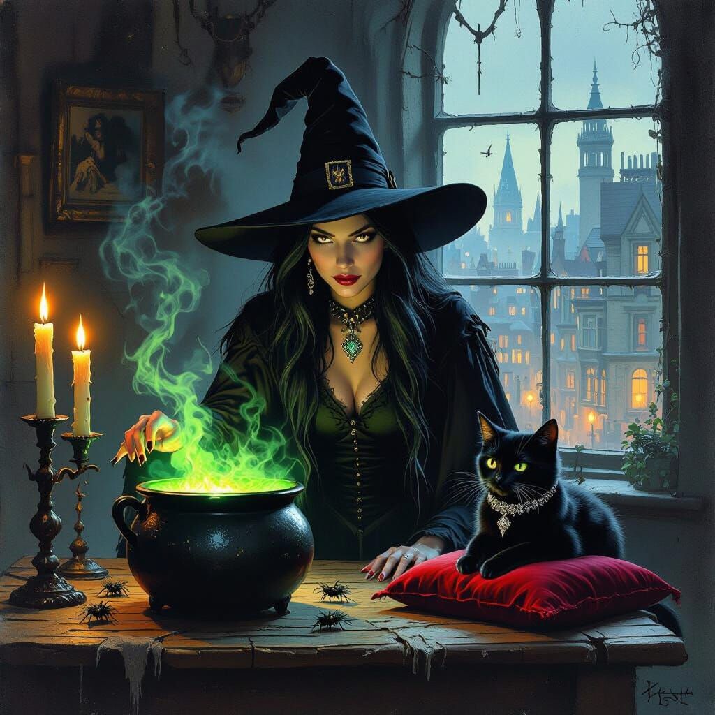 Witch with Cauldron and Black Cat in Victorian London