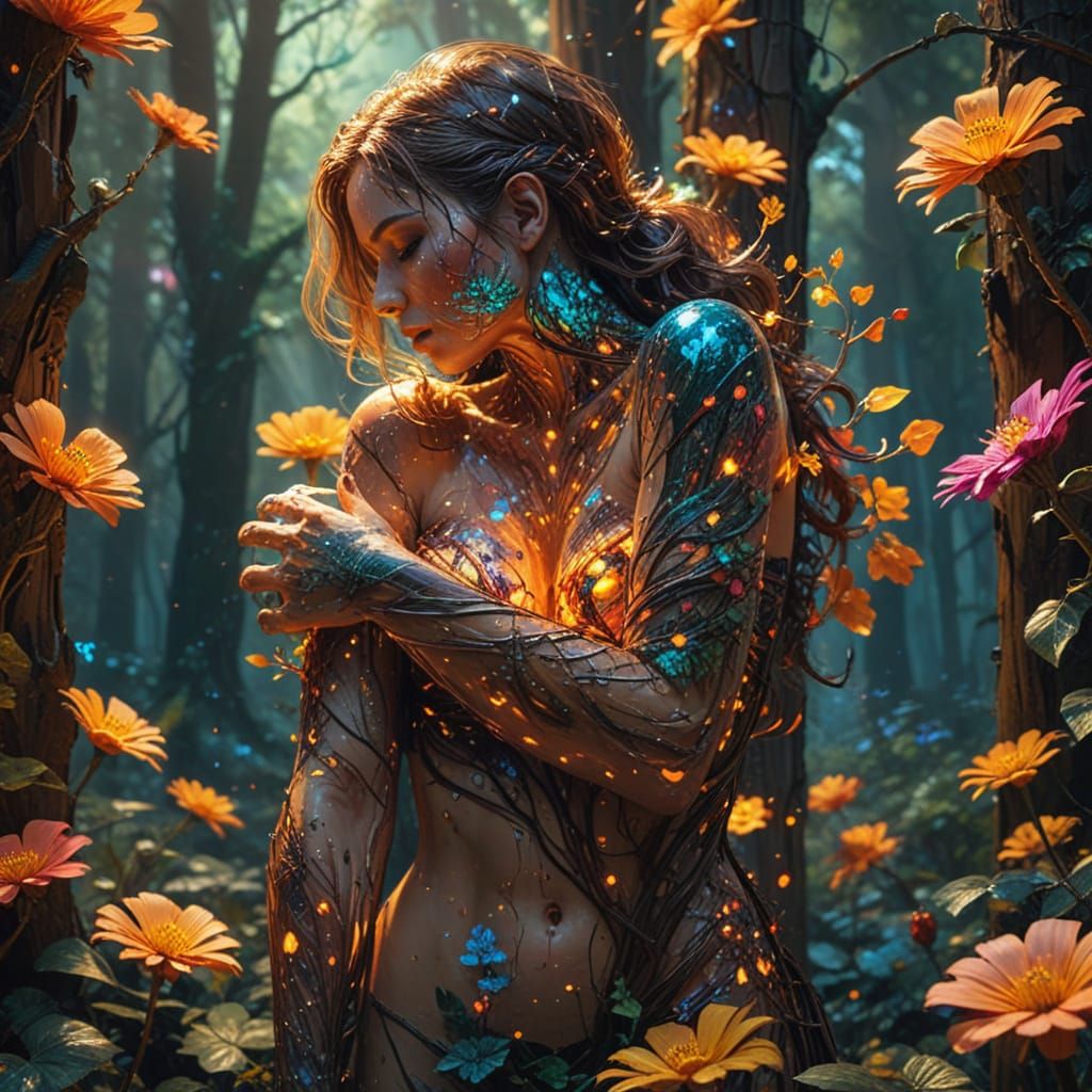 Surreal Pop Art Portrait in Vibrant Forest with Iridescent P...