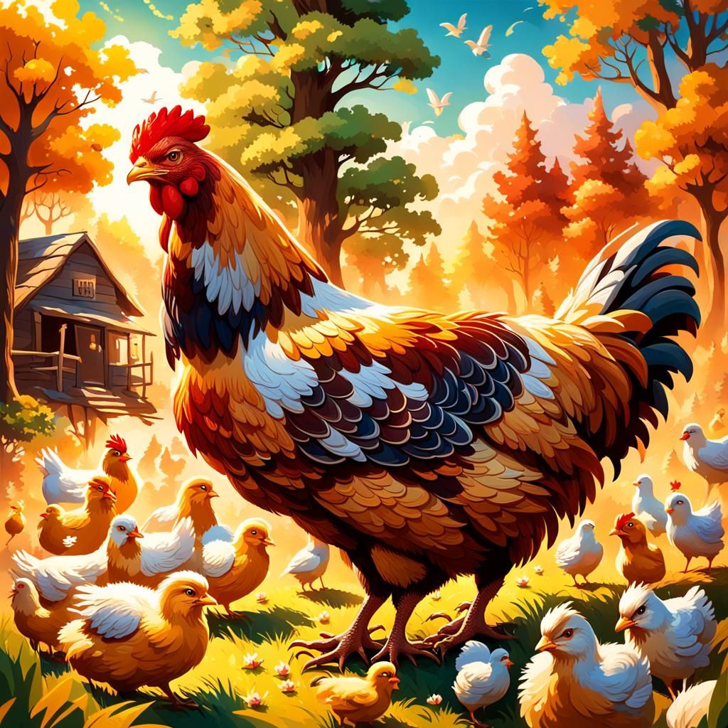 Hyperrealistic Mother Hen and Chicks in Village