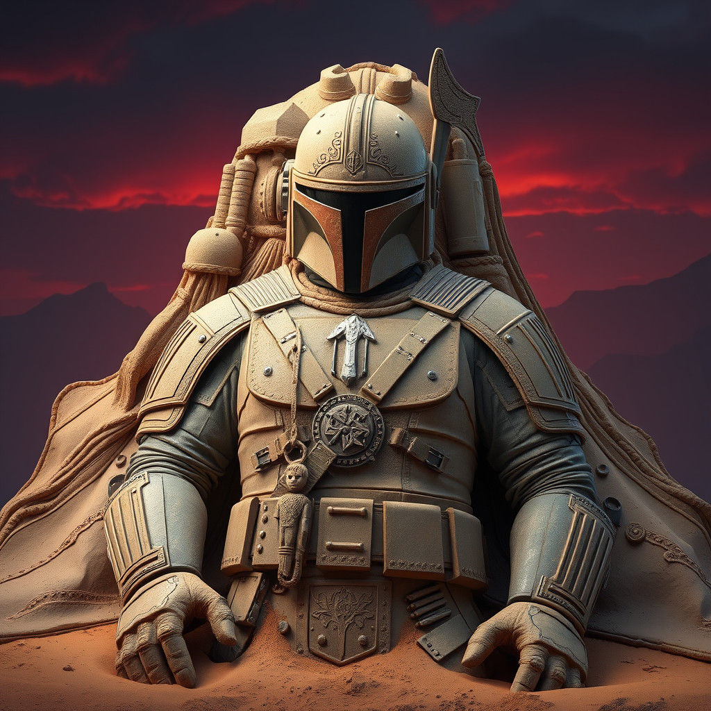 Mandalorian Armor Sand Sculpture in 8k Matte Painting