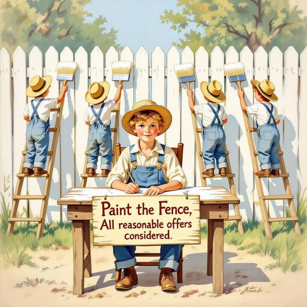 Tom Sawyer's Fence Painting Scheme: Nostalgic Illustration