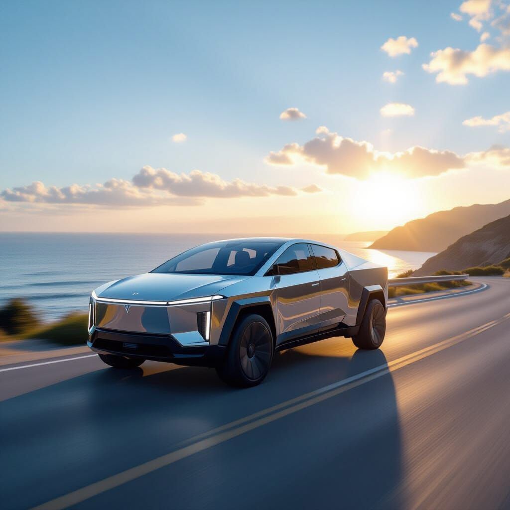 Hyper-Realistic Tesla Cybertruck on Coastal Road at Golden H...